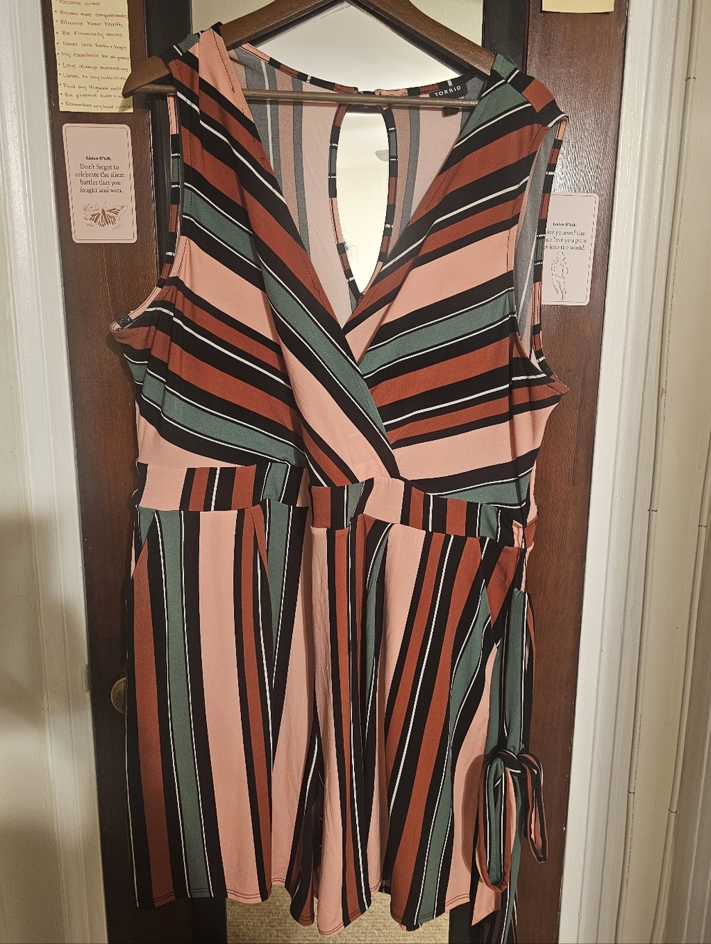 Striped Faux-Wrap Romper in Pink, Rust & Green - Torrid